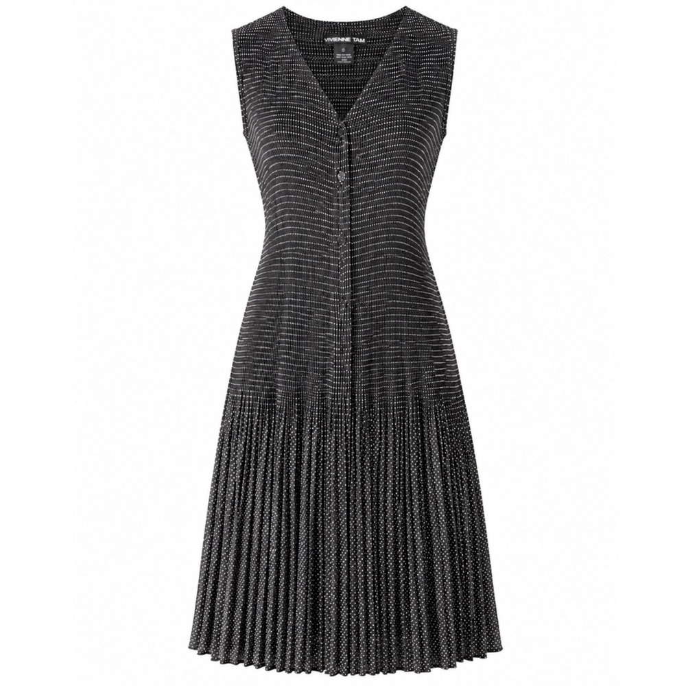 Vivienne Tam Black Pleated Polka Dot Sleeveless Midi Dress Size 2